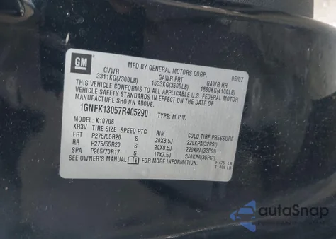 2007 Chevrolet Tahoe Ltz из США, поврежденный, VIN 1GNFK13057R405290